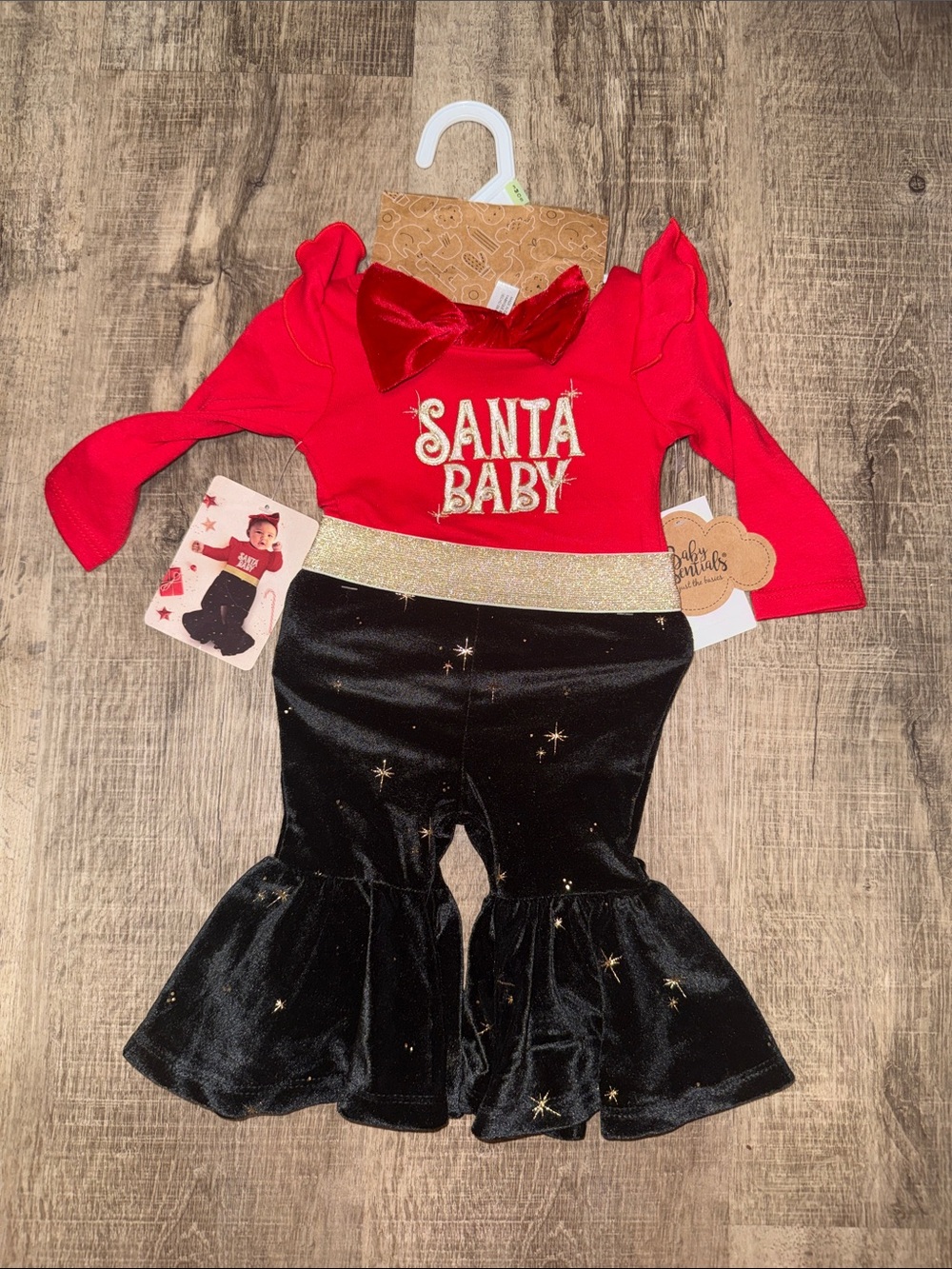 Baby Essentials Red "Santa Baby" Top with Black Velvet Star Flared Pants